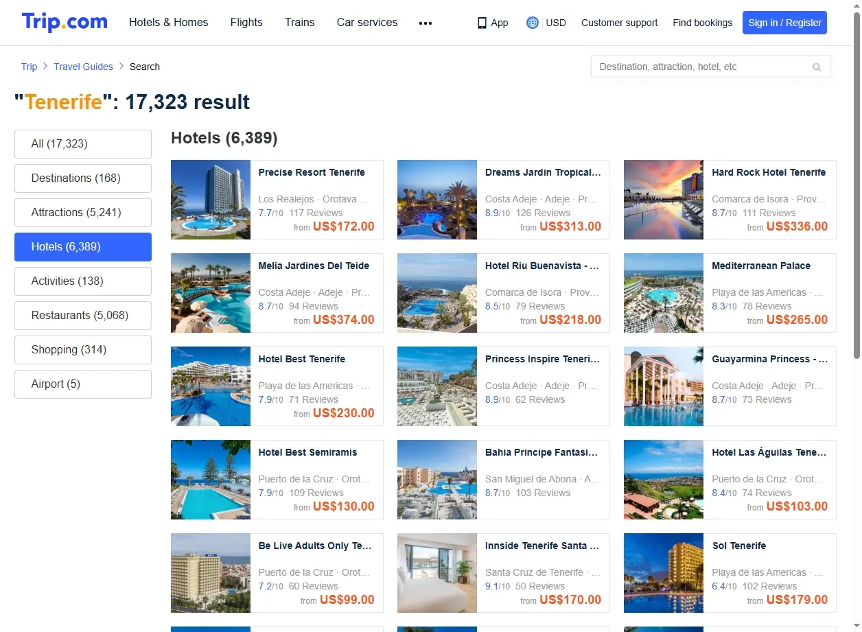 Schermata di offerte hotel Tenerife