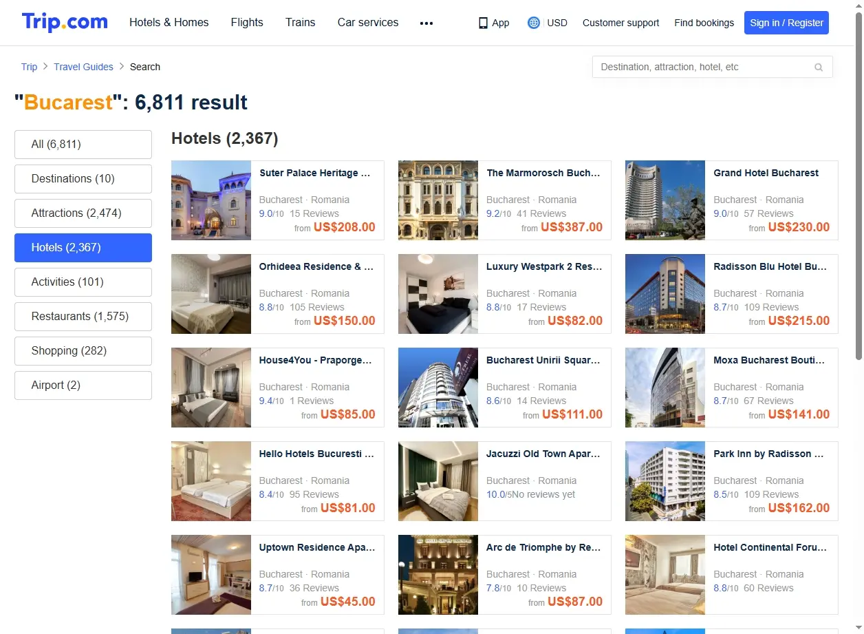 Schermata di offerte hotel Bucarest