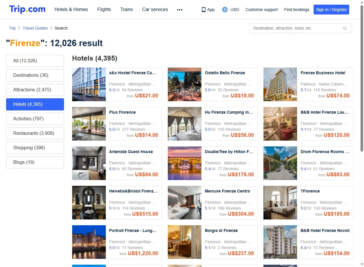 Schermata di offerte hotel a Firenze