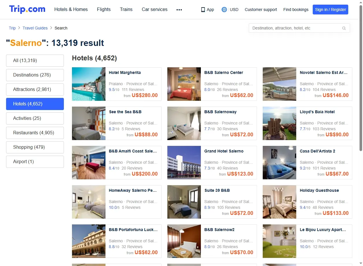 Schermata del sito web di Trip.com che mostra offerte di hotel a Salerno.