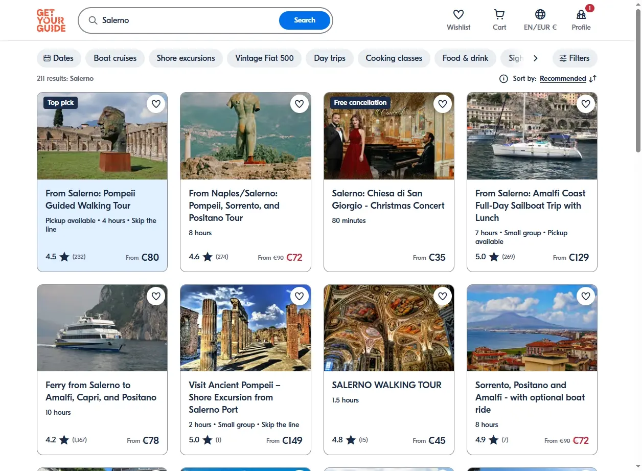 Schermata del sito web di GetYourGuide che mostra attività disponibili a Salerno.