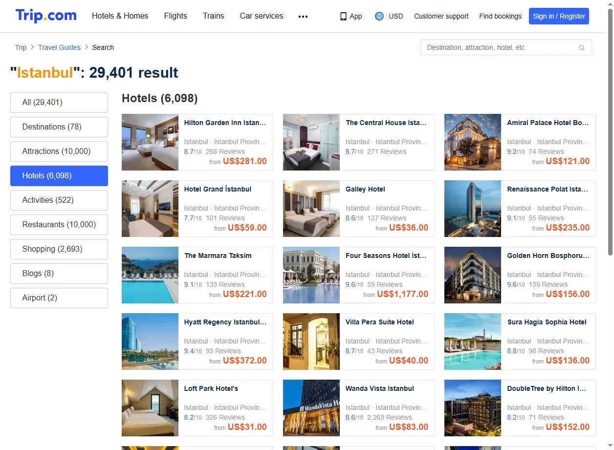 Schermata di offerte hotel a Istanbul