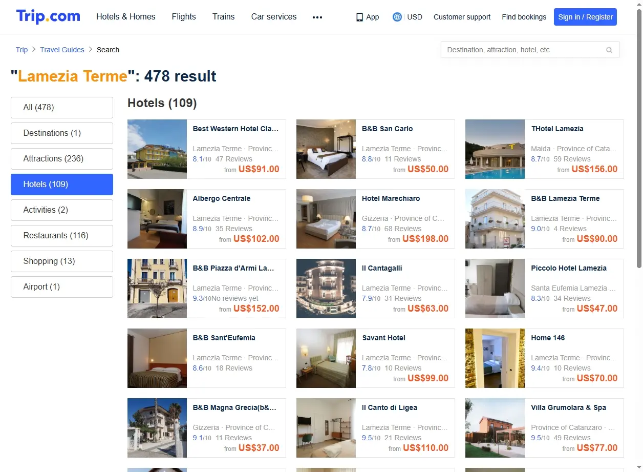 Schermata di offerte hotel a Lamezia Terme