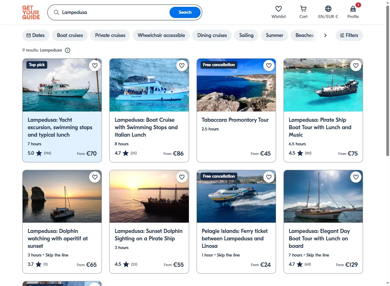 Schermata delle attività e tour in barca a Lampedusa