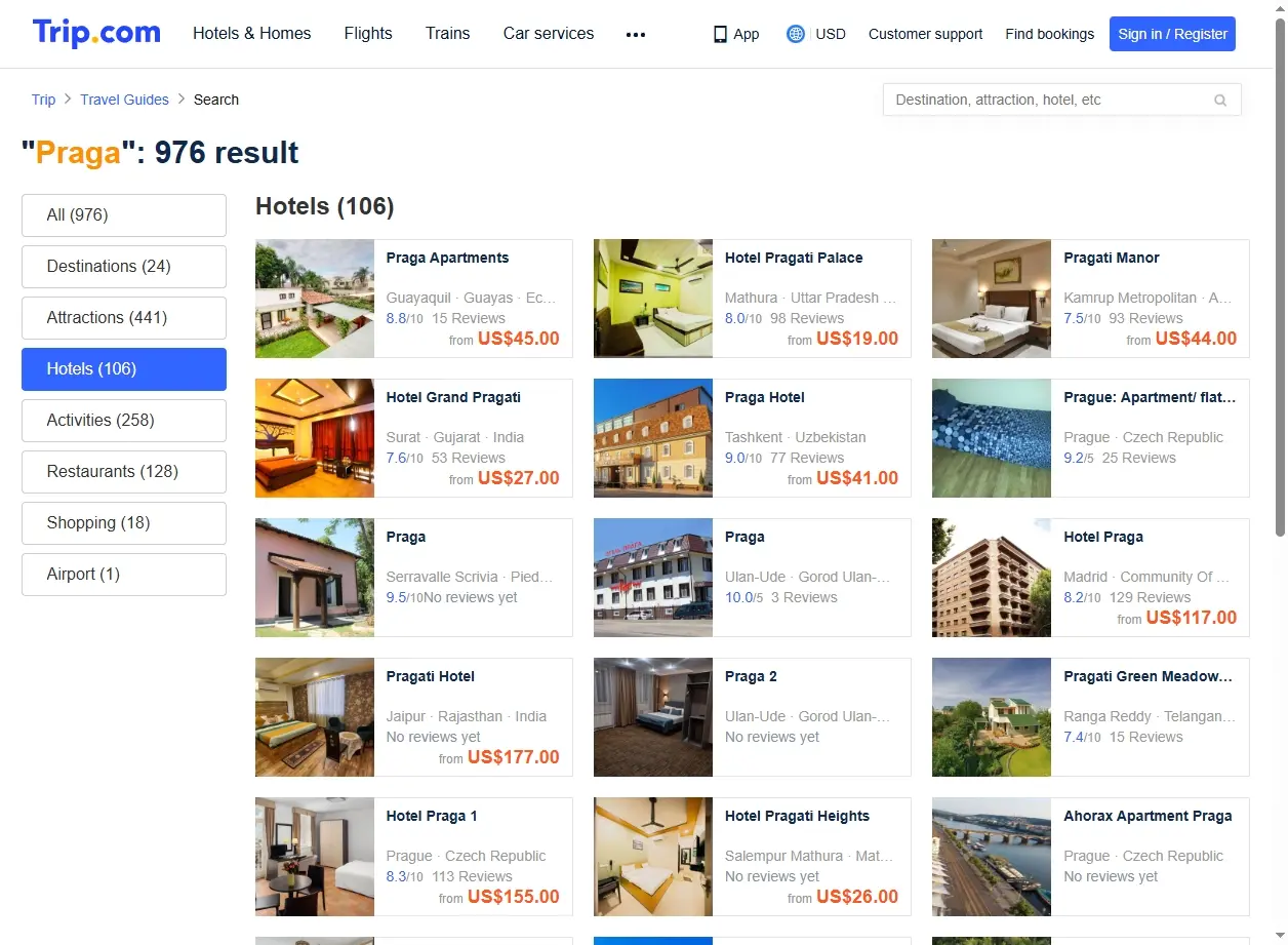 Screenshot di Trip.com con offerte hotel a Praga