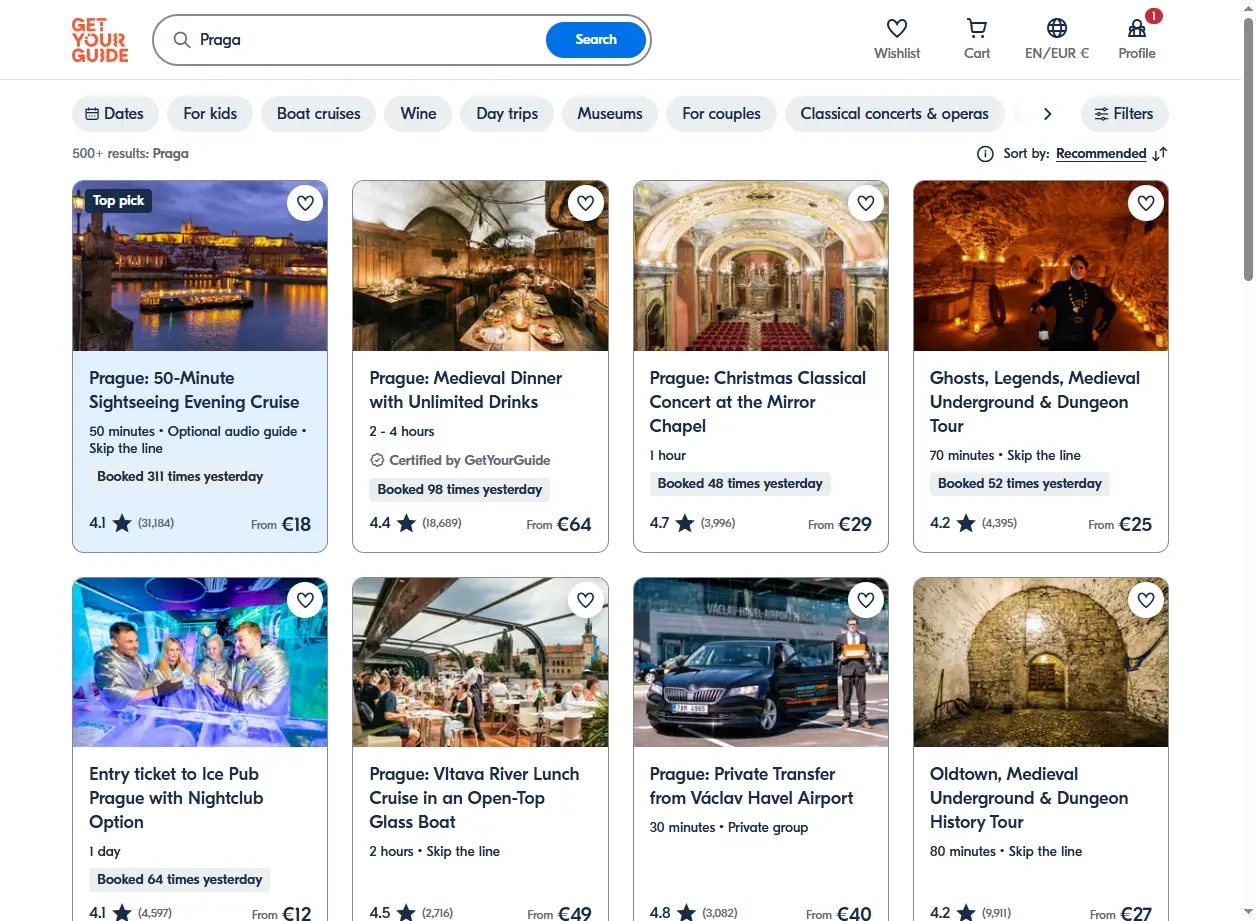 Screenshot di GetYourGuide con tour e attività a Praga
