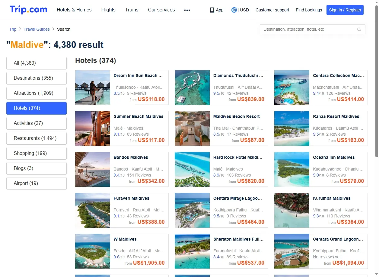 Schermata di offerte hotel Maldive