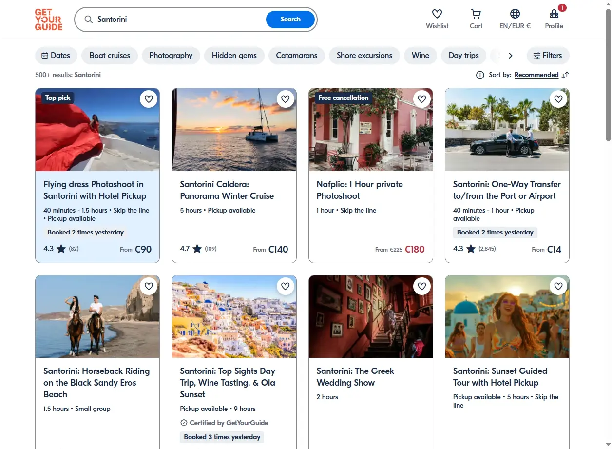 Schermata delle attività e tour a Santorini