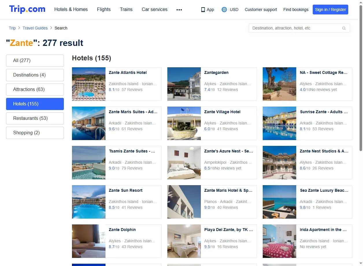 Schermata di offerte per hotel a Zante con opzioni di lusso e economiche.