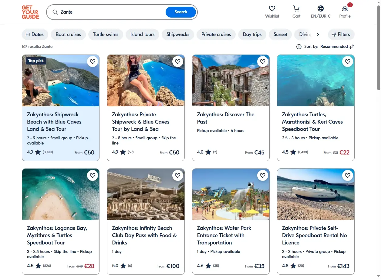 Schermata di offerte per escursioni e attività a Zante, inclusa la Baia del Relitto.