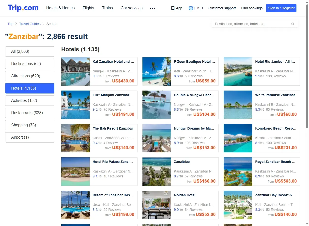 Schermata di offerte hotel a Zanzibar