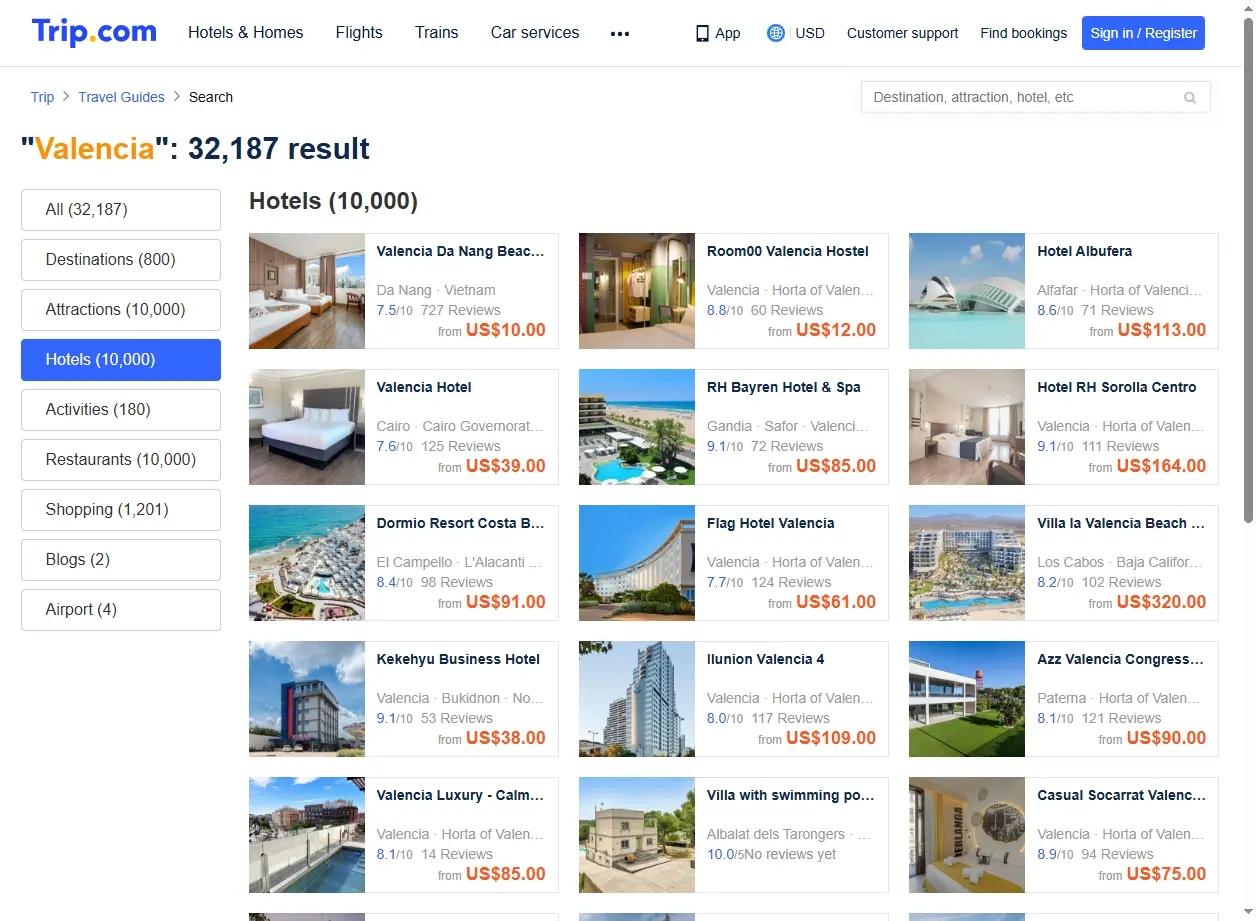 Schermata di offerte hotel a Valencia