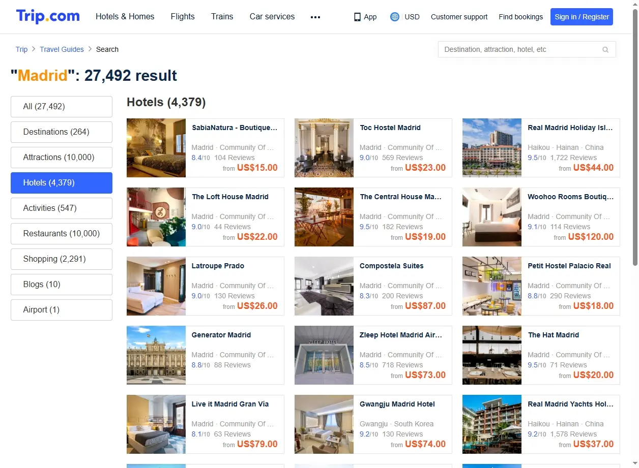 Anteprima degli hotel disponibili a Madrid, Spagna.