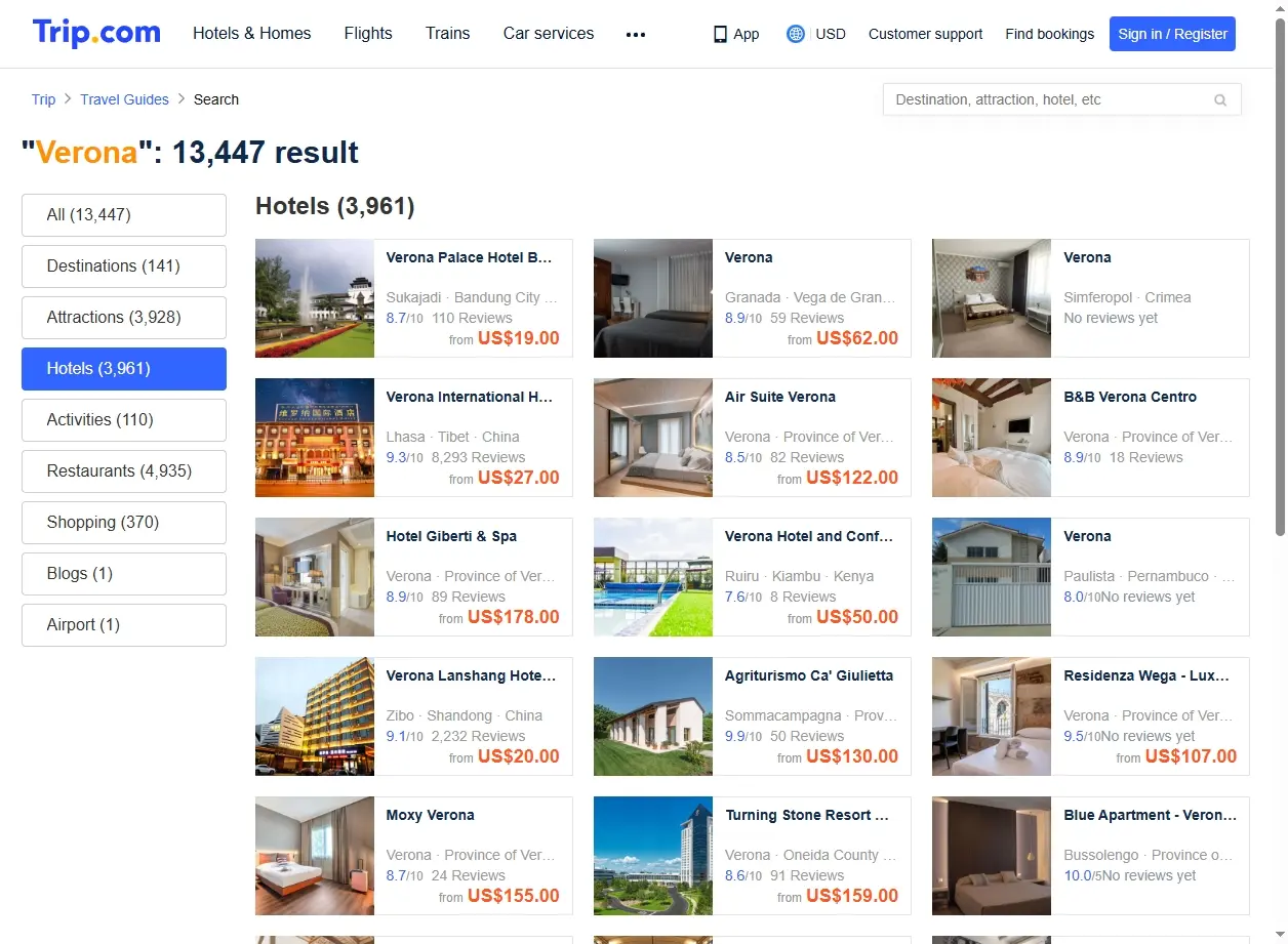 Schermata di offerte hotel a Verona