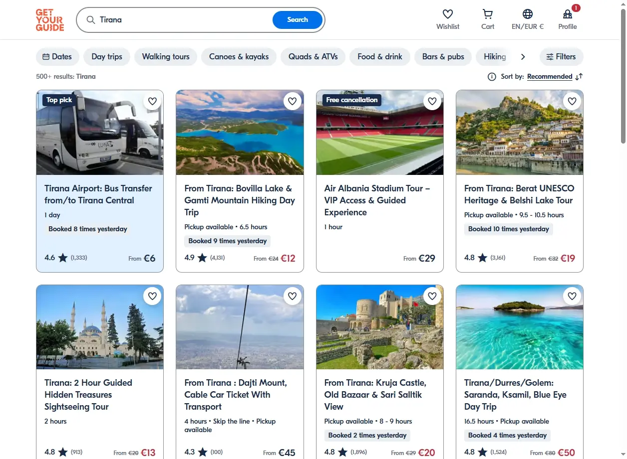 Attività e Tour Guidati a Tirana, screenshot della pagina di GetYourGuide