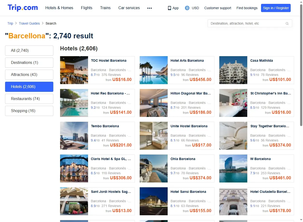 Schermata di offerte hotel a Barcellona