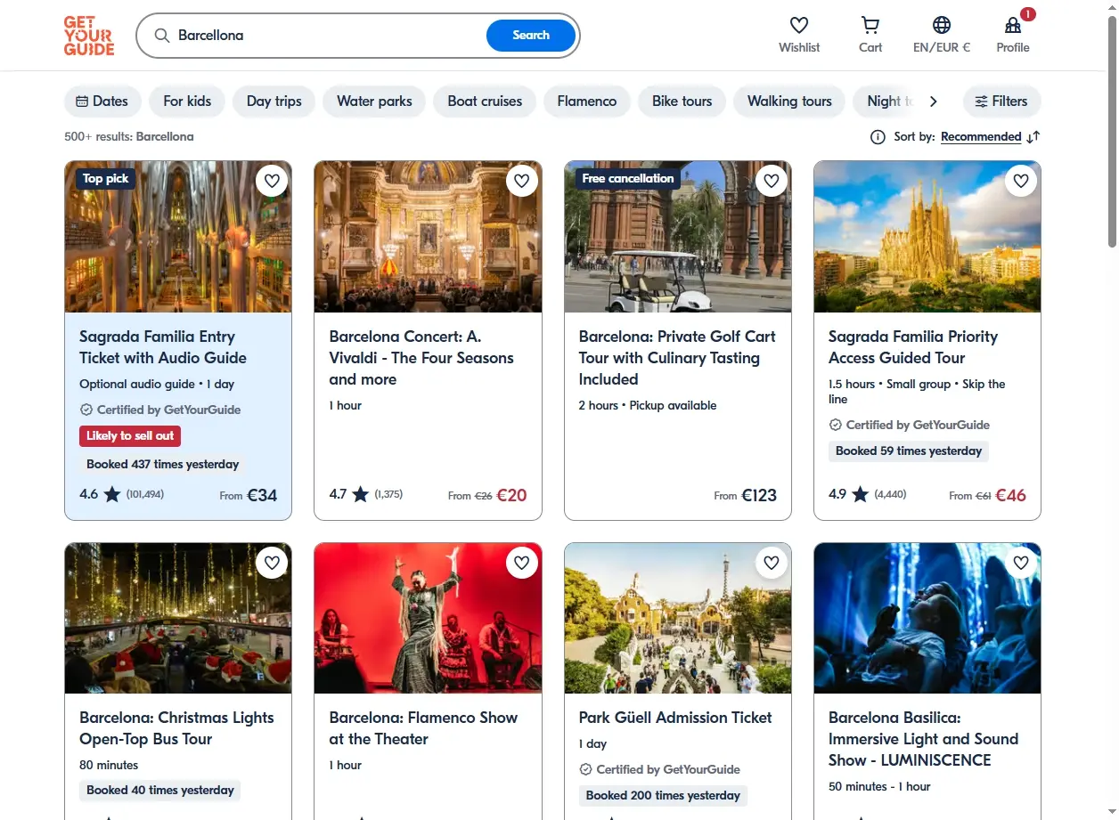 Schermata di attività turistiche a Barcellona
