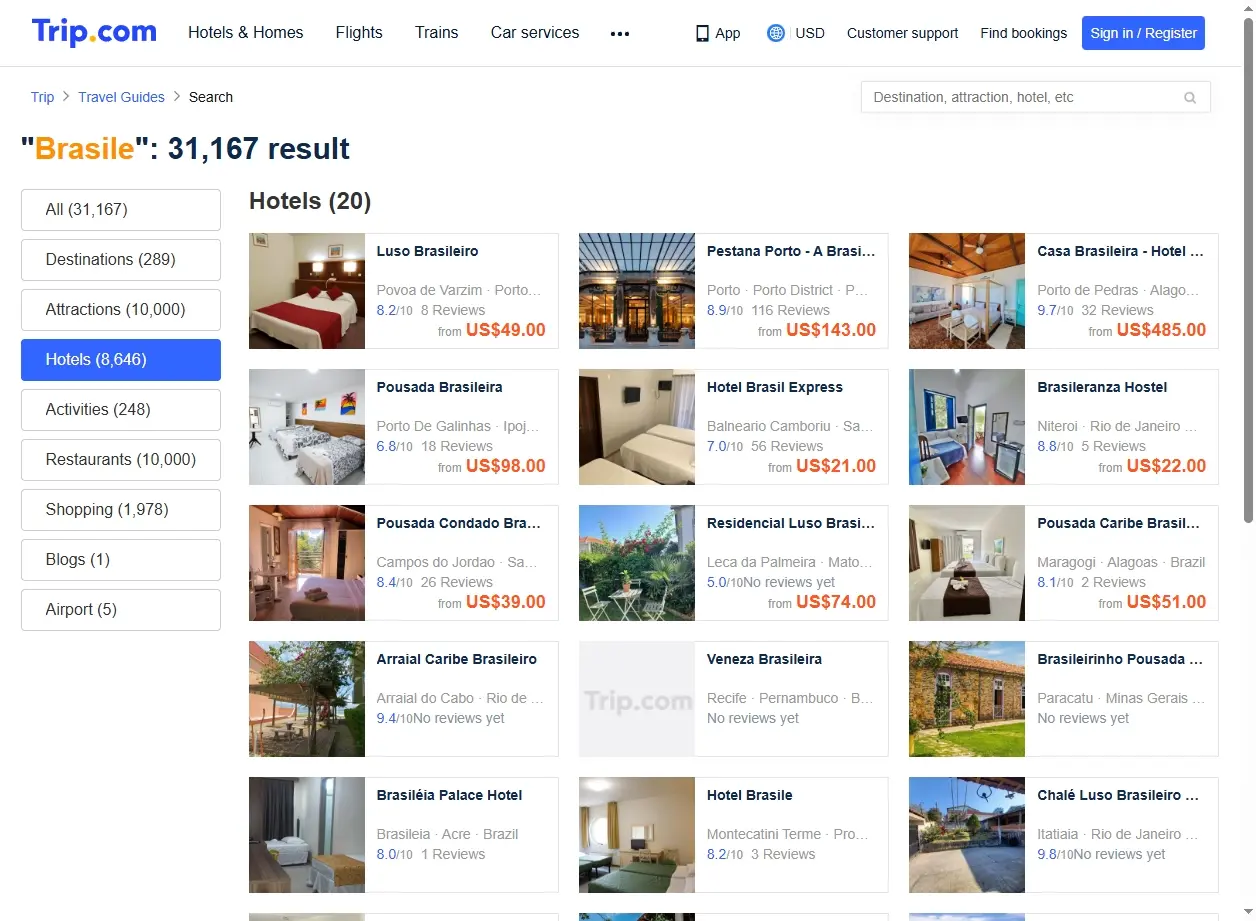 Schermata del sito web che mostra offerte di hotel in Brasile.