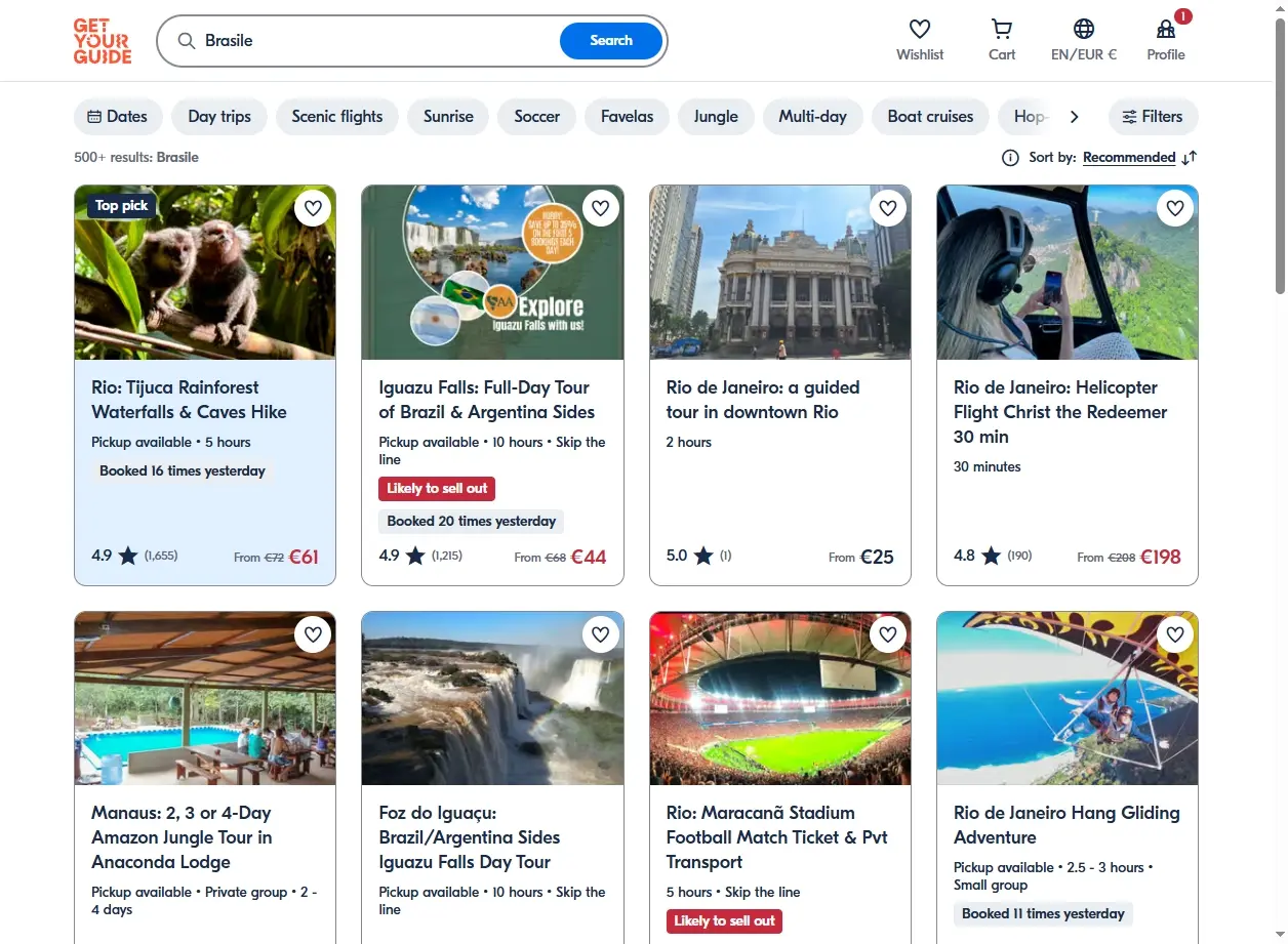 Schermata del sito web che mostra attività turistiche in Brasile.