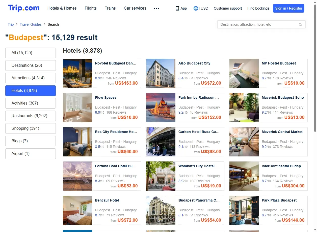 Schermata di offerte hotel a Budapest