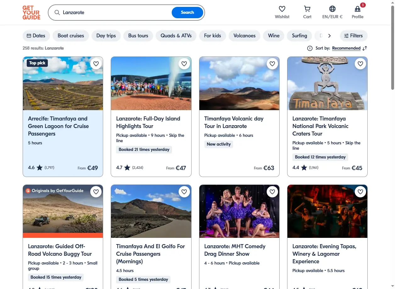 Escursioni e Attività Lanzarote: Schermata di offerte attività su GetYourGuide