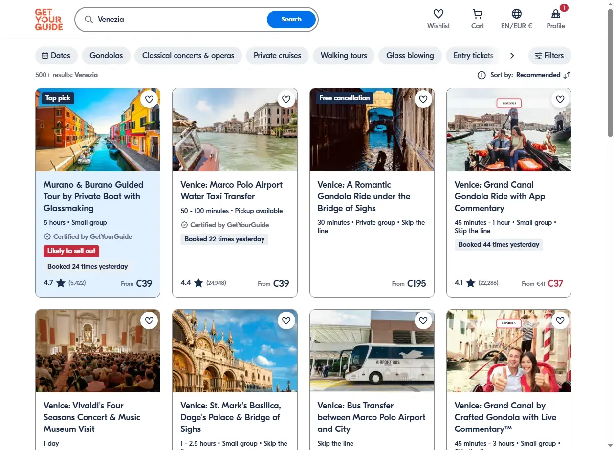 Schermata delle attività e tour a Venezia