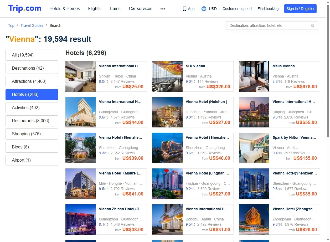 Schermata delle offerte di hotel a Vienna