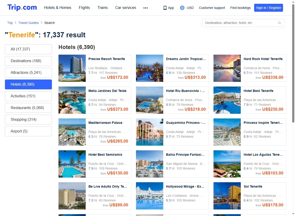 Schermata di offerte hotel a Tenerife