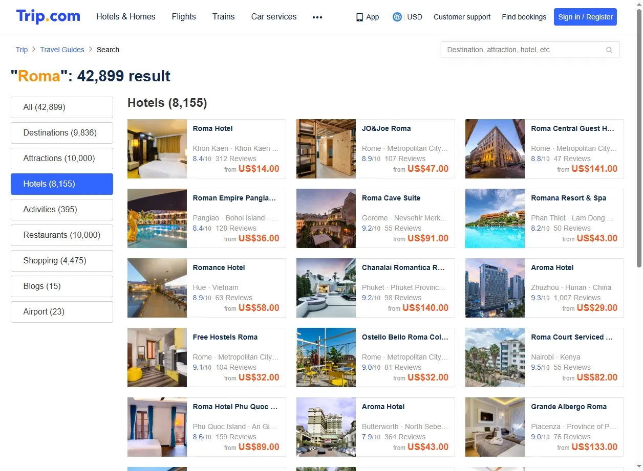 Schermata del sito web che mostra offerte di hotel a Roma