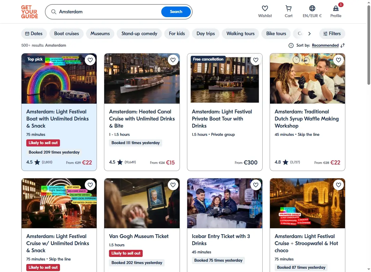 Schermata di offerte per attività turistiche ad Amsterdam