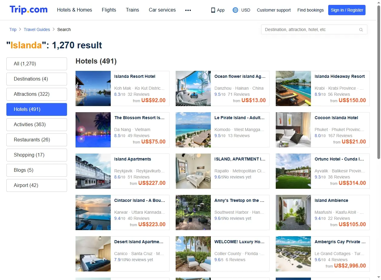 Screenshot di offerte hotel per l'Islanda