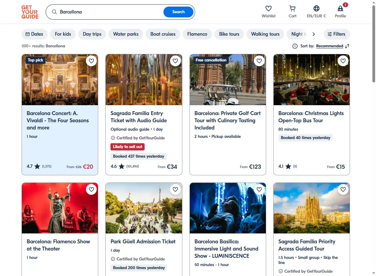 Schermata di attività turistiche a Barcellona
