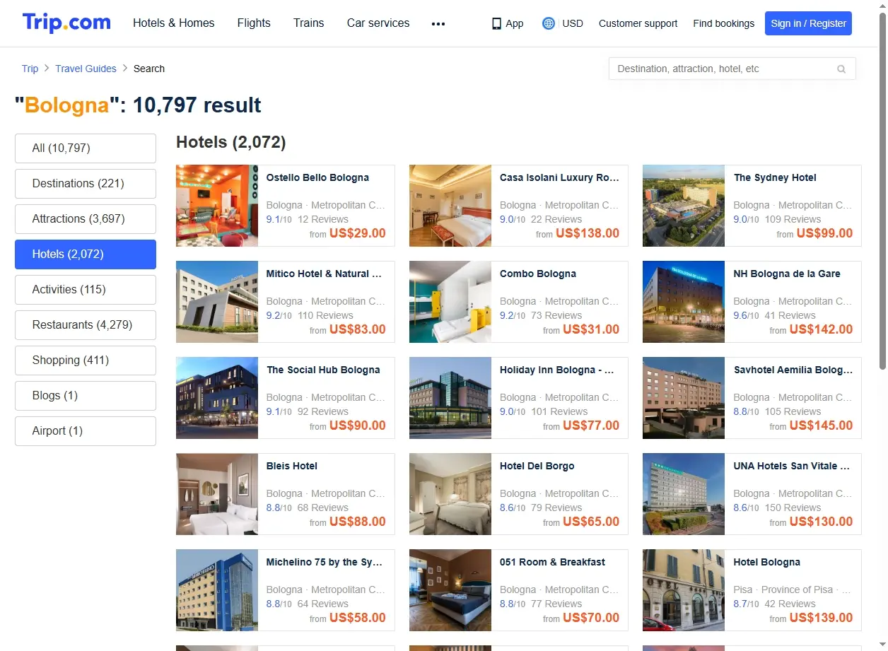 Schermata di offerte per hotel a Bologna