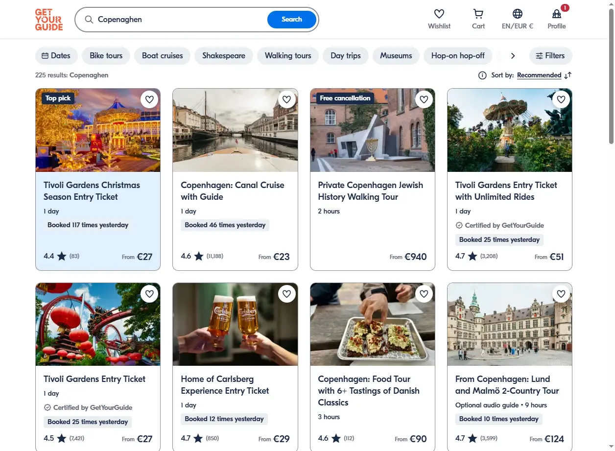 Schermata del sito web di attività turistiche con tour guidati a Copenaghen.