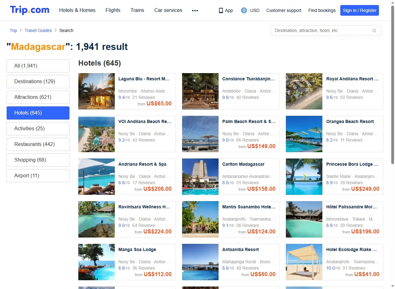 Schermata di offerte hotel in Madagascar