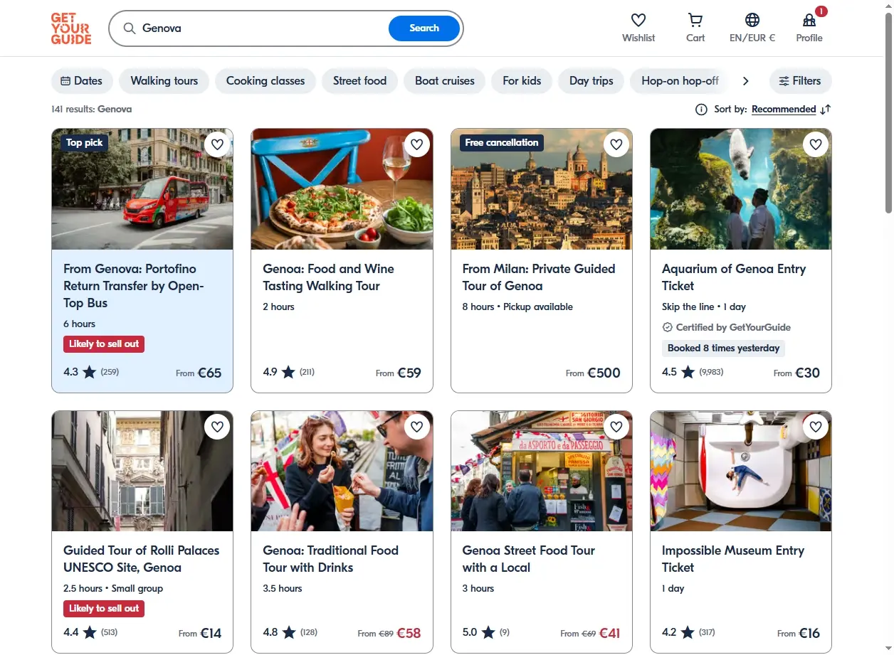 Schermata di GetYourGuide che mostra attività e tour a Genova
