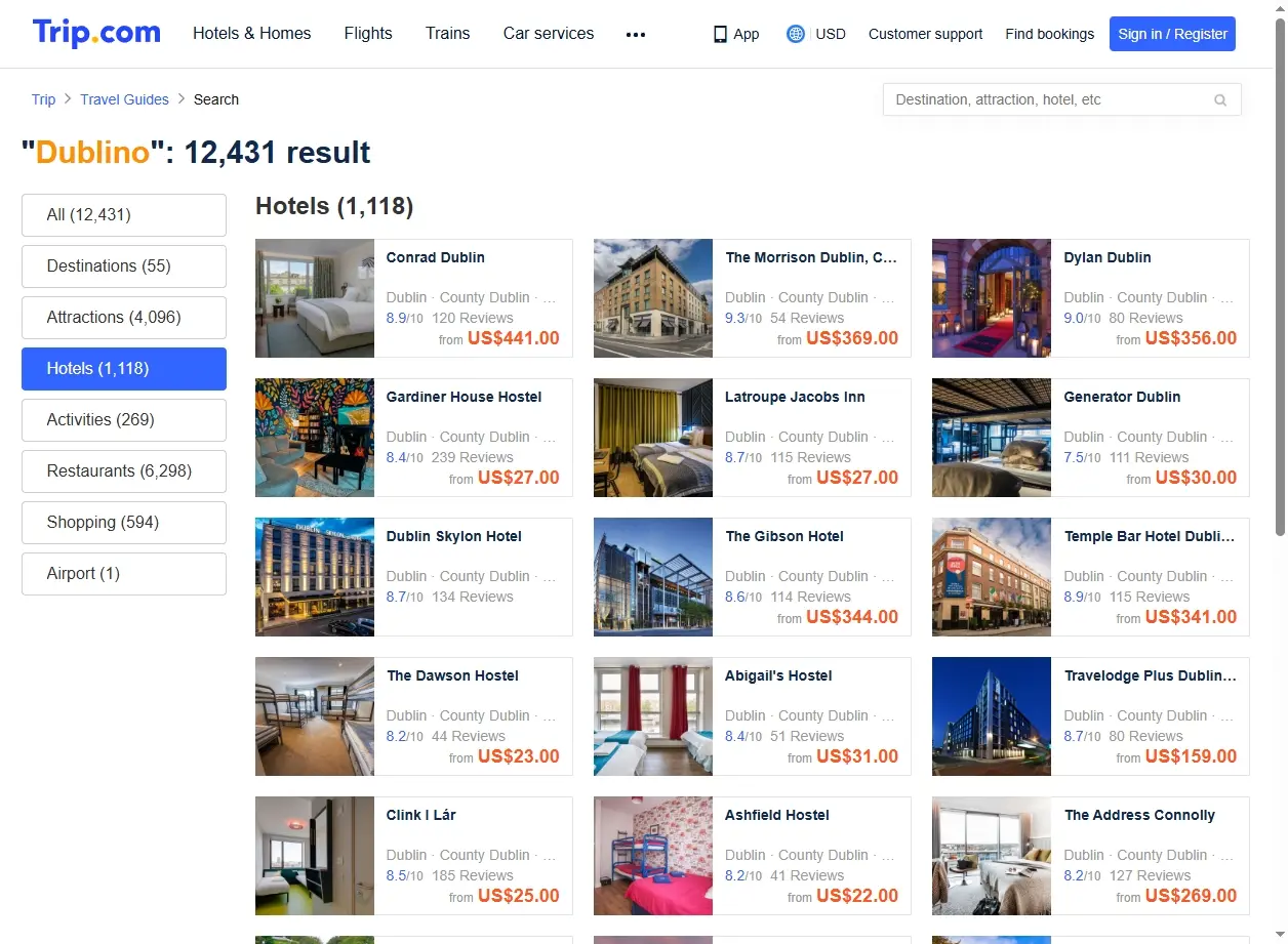 Schermata di offerte hotel a Dublino