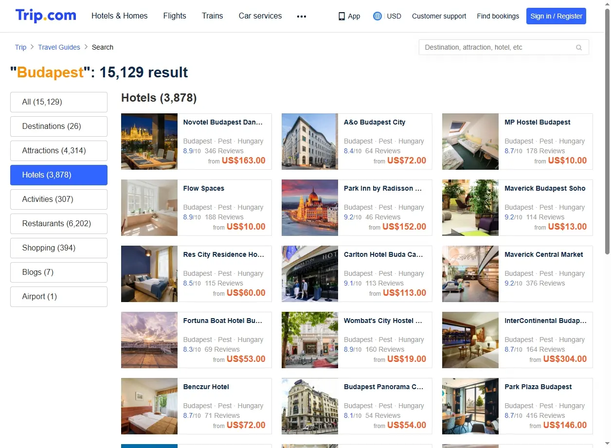 Offerte Hotel a Budapest: Screenshot del sito di booking