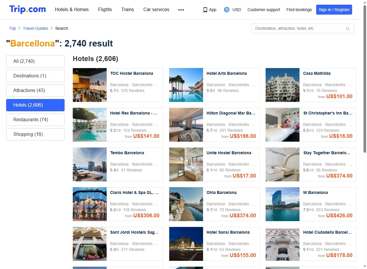 Schermata di offerte hotel a Barcellona