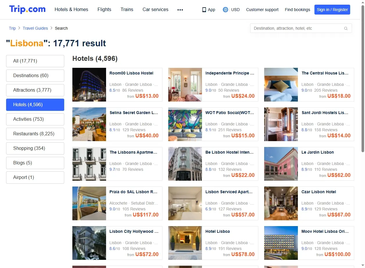 Schermata delle offerte di hotel a Lisbona