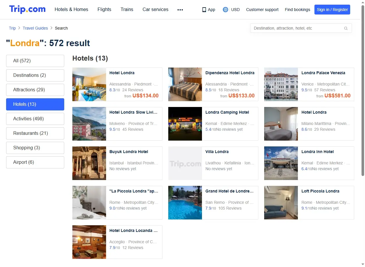 Schermata di Trip.com con offerte di hotel a Londra