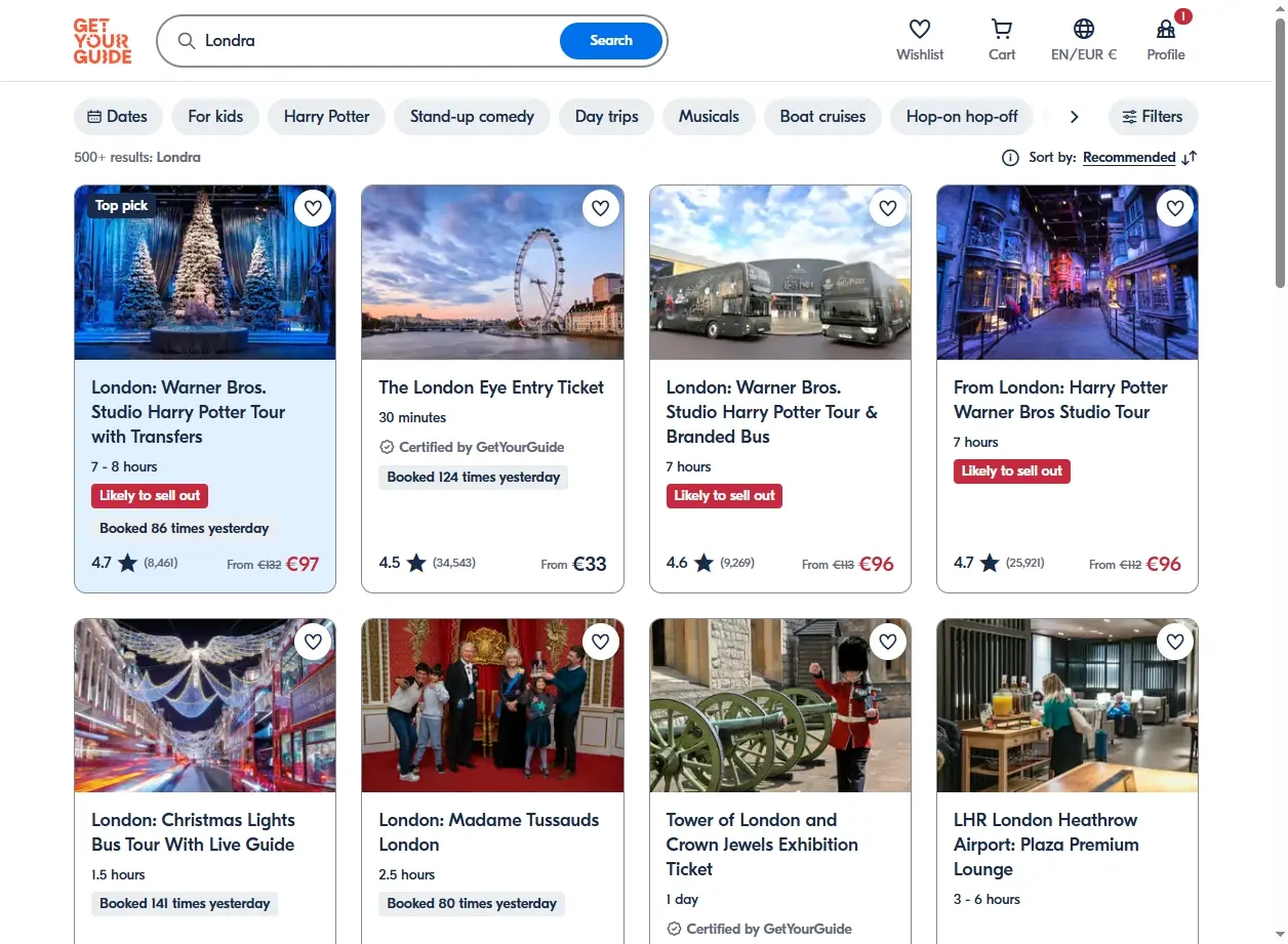 Schermata di GetYourGuide con tour e attività a Londra