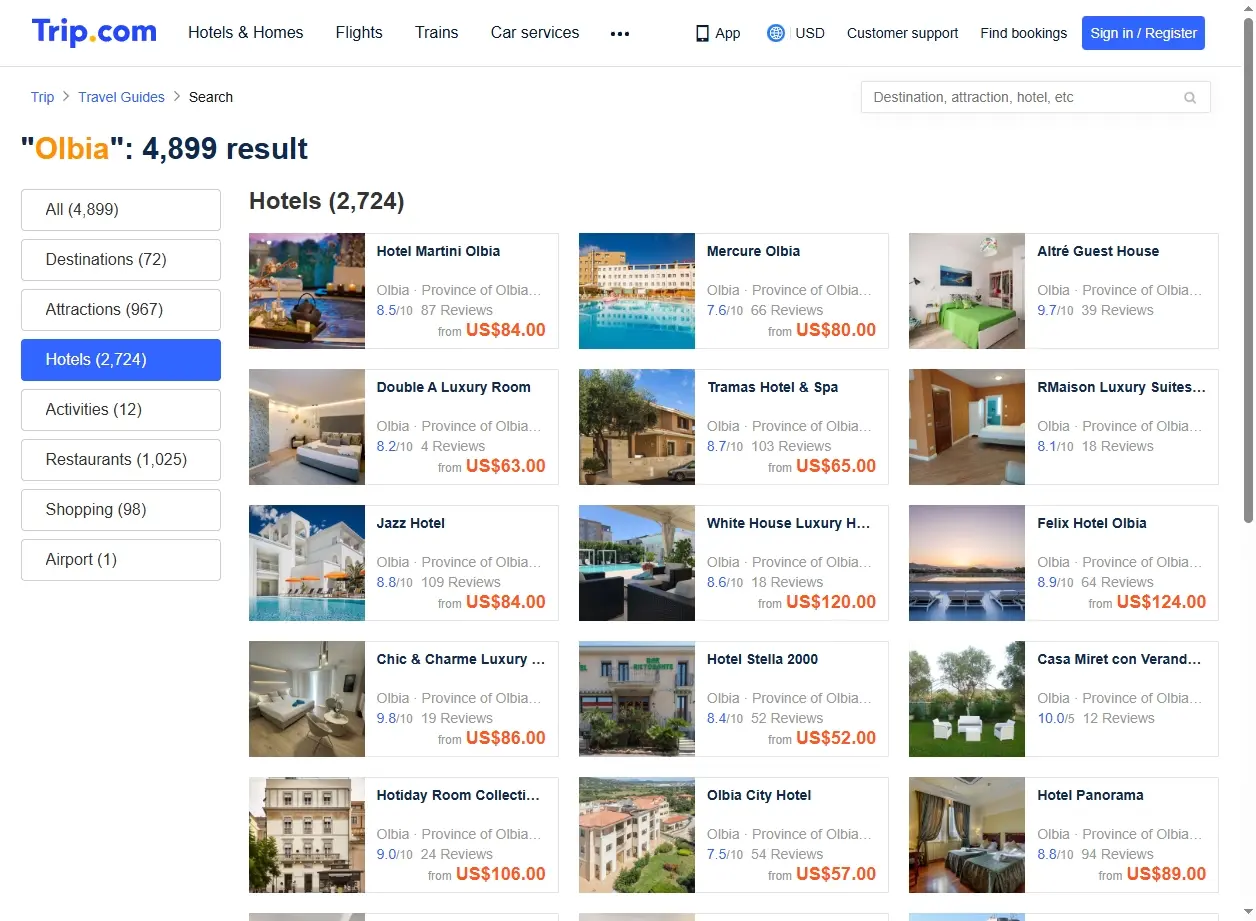 Schermata di offerte hotel a Olbia