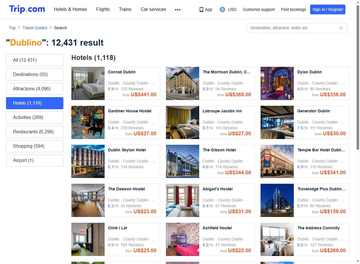 Screenshot di offerte hotel Dublino su Trip.com