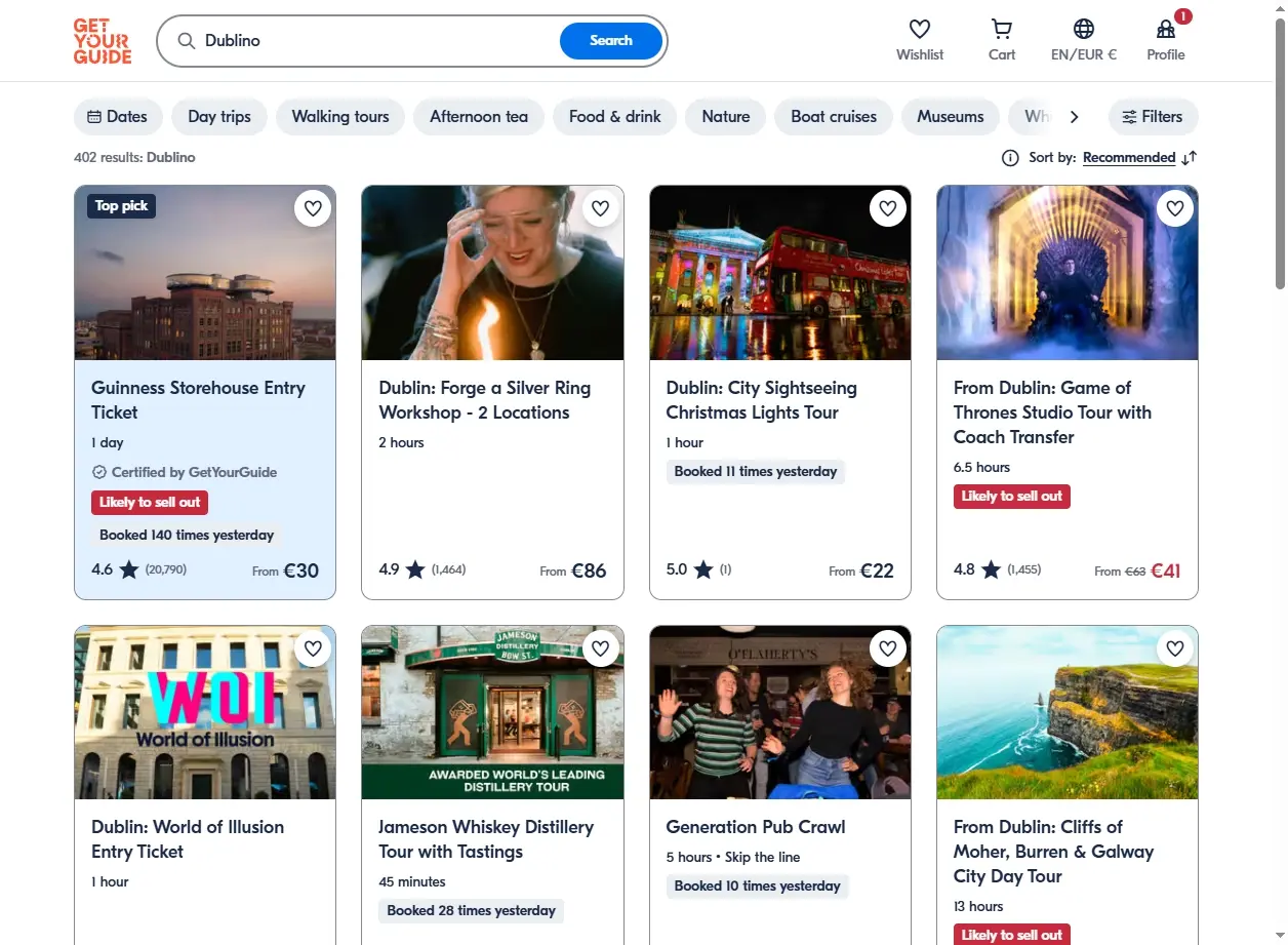 Screenshot di tour e attività a Dublino su GetYourGuide