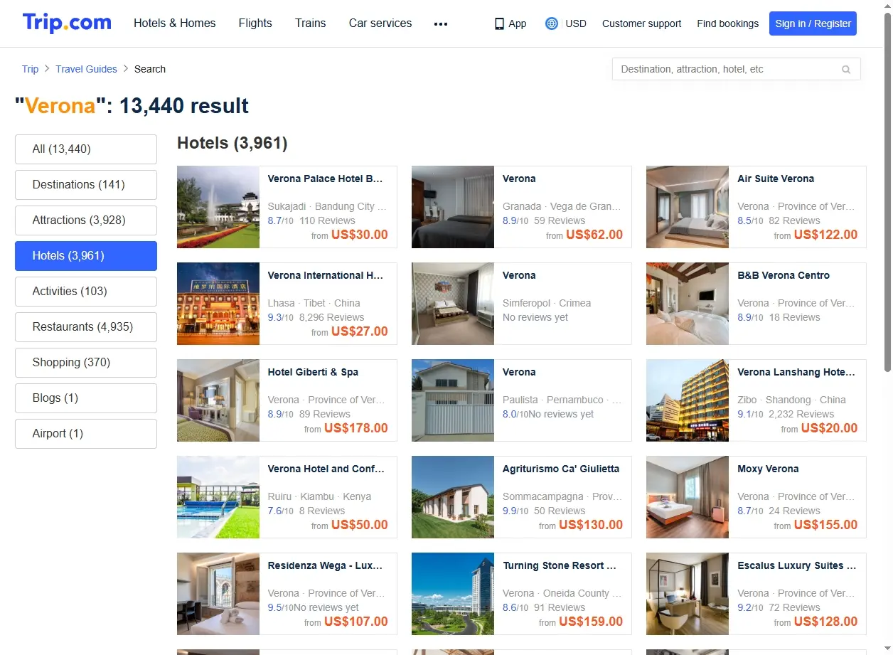 Offerte Hotel a Verona - Screenshot del sito di prenotazione