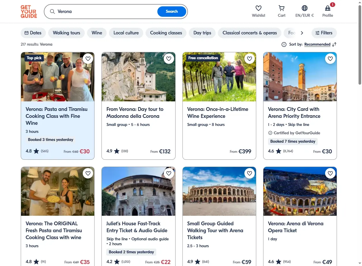 Esperienze e Tour a Verona - Screenshot delle attività disponibili