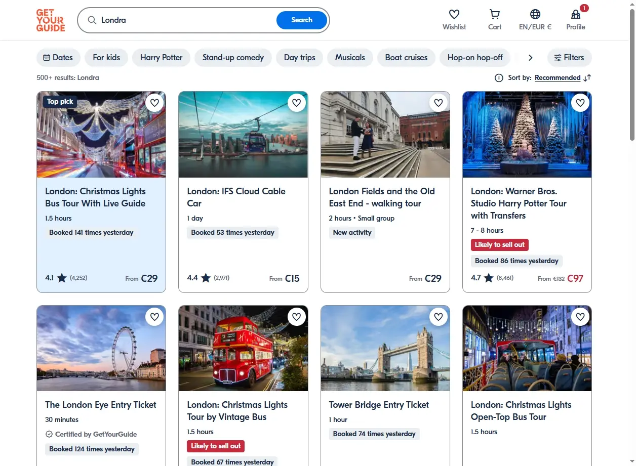 Schermata di attività e tour a Londra