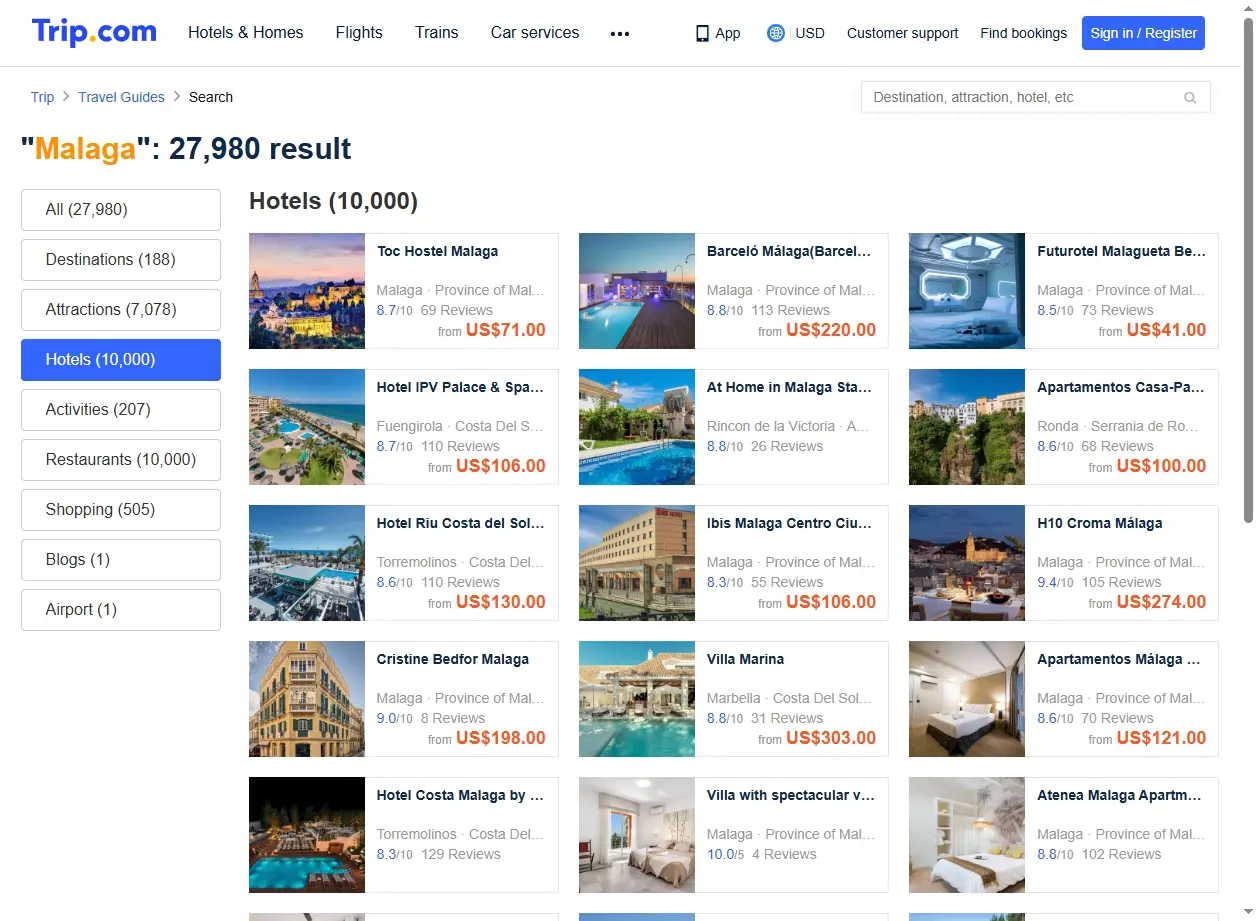 Schermata di offerte hotel a Malaga