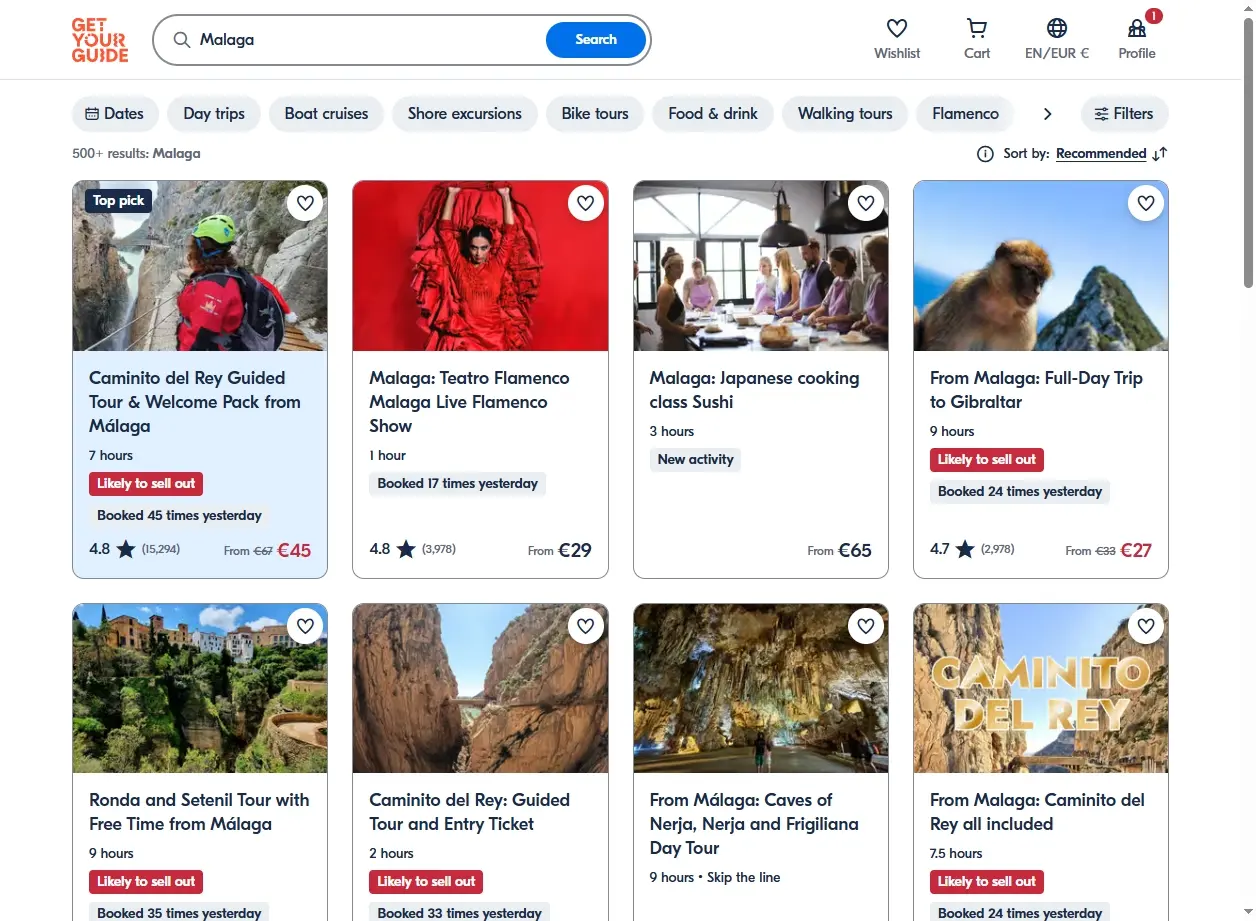 Schermata di offerte per attività turistiche a Malaga
